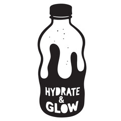Simple black and white illustration of a water bottle with text