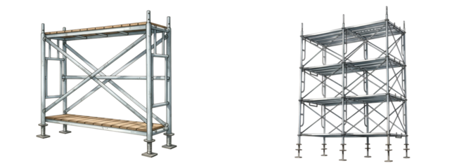 Construction scaffolding equipment rental and sales for building projects and industrial maintenance tasks on transparent background