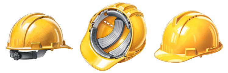 Yellow hard hats construction safety helmet worker head protection equipment industrial gear workwear on transparent background