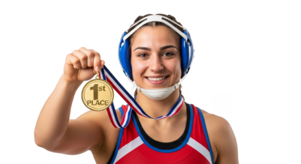 Victorious wrestler displays her gold medal