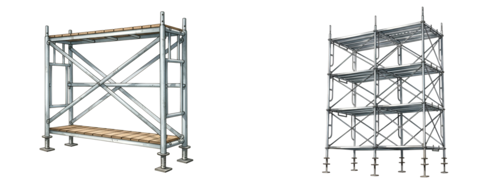 Construction scaffolding equipment rental and sales for building projects and industrial maintenance tasks on transparent background