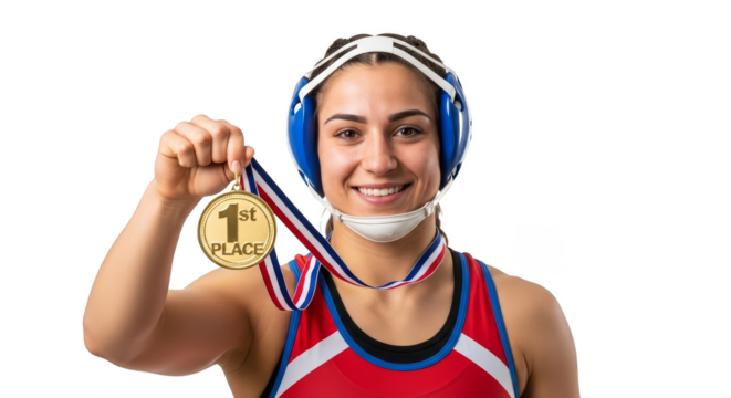Victorious wrestler displays her gold medal