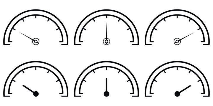 Indicator meter scale symbol icon. speedometer icon line art vector illustration. Speedometer Icons collection. An icon resembling a speedometer dial with a needle pointing to a high.  Speed indicator