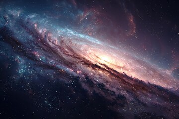 Fototapeta premium Glowing celestial spiral galaxy featuring intricate nebulae, cosmic dust, and vibrant colors in deep outer space