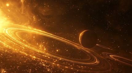 A glowing cluster of ring-shaped planets orbiting through a copper-hued nebula