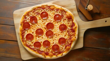 hunger. A delicious pepperoni pizza sits on a rustic wooden board, captured from an overhead angle. representing modern convenience.