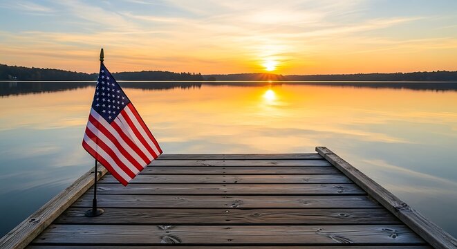 American flag on wooden dock at sunset over calm lake