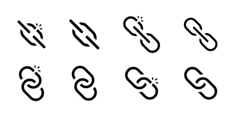 Link chain. Chains solid and breaking vector icon set