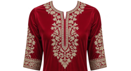 Red velvet kurta with intricate embroidery, isolated on transparent background