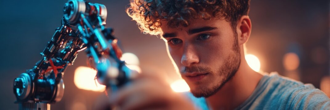Young Engineer Focuses Intently on Assembling Robotic Arm in a Workshop During Evening Hours