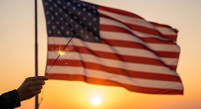 Hand holding sparkler against American flag and sunset