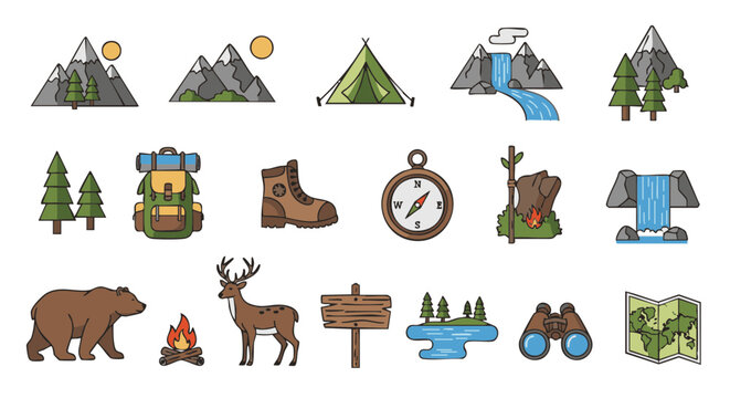 Vector icons set national park adventure nature forest travel