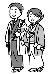 着物を着て初詣に行く若い男女カップルのモノトーンイラスト