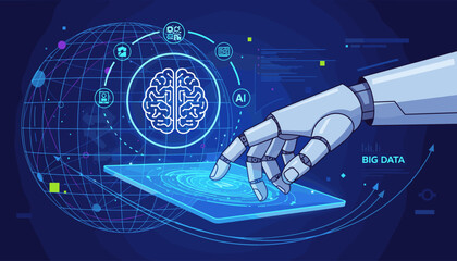 Futuristic digital illustration depicting a robotic hand and a human hand interacting with a glowing tablet displaying artificial intelligence and big data concepts, set against a backdrop of a