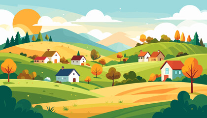 Obraz premium Autumn in hilltop village flat color vector illustration. 2D cartoon landscape. Tuscan scenery. Farmland scene. Harvest season. Agricultural field 