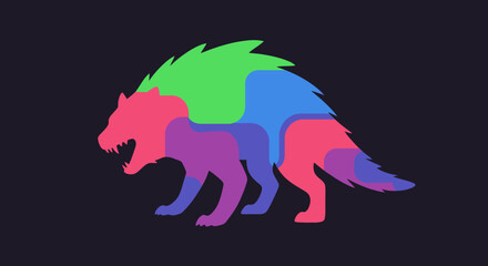 Colorful stylized illustration of a ferocious beast with sharp teeth and claws.