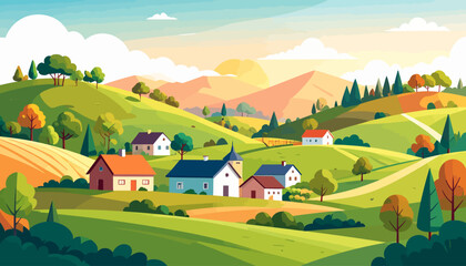 Autumn in hilltop village flat color vector illustration. 2D cartoon landscape. Tuscan scenery. Farmland scene. Harvest season. Agricultural field
