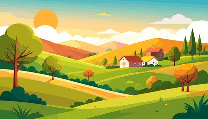 Fototapeta premium Autumn in hilltop village flat color vector illustration. 2D cartoon landscape. Tuscan scenery. Farmland scene. Harvest season. Agricultural field 
