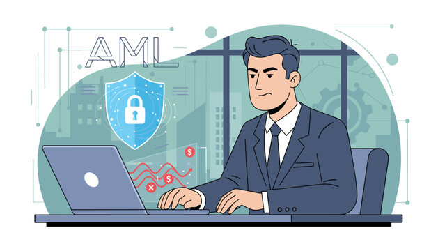 Anti-Money Laundering (AML) concept illustration: A businessman in a suit works on a laptop, with a digital shield and padlock symbolizing security and financial protection, against a backdrop of - Powered by Adobe