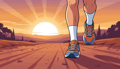 Close-up of an athlete's feet in sneakers and white socks running on a dusty path during a vibrant sunset, with stylized trees and mountains in the background, conveying a sense of endurance and
