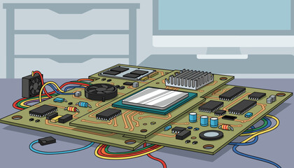 Detailed close-up illustration of a complex computer motherboard and its components, including a CPU, RAM modules, heatsink, fans, resistors, and colorful wires, set against a blurred background of a