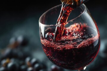 Rich red wine pours from a bottle into a clear stemmed glass, liquid filling the glass and creating small bubbles