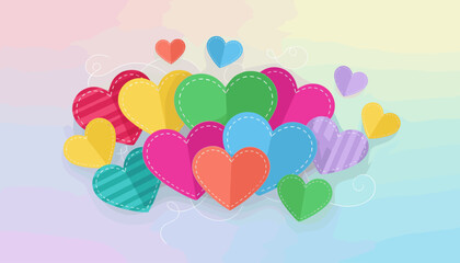 A vibrant and cheerful collection of colorful paper hearts, artfully arranged on a soft pastel gradient background, evoking feelings of love, joy, and celebration, perfect for Valentine's Day or any