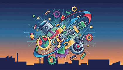 Vibrant and dynamic illustration of colorful, stylized metal car engine parts, including pistons, gears, and crankshafts, set against a backdrop of circuit board patterns and a silhouetted industrial