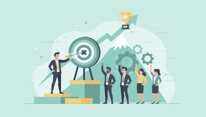 Successful business team celebrating achieving their target goal with a trophy on a mountain peak, symbolizing success and victory in a corporate environment with gears and growth chart elements.