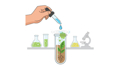 Close-up of a hand holding a dropper, carefully adding a blue liquid sample into a test tube containing a small plant with roots and soil, surrounded by other laboratory glassware and a microscope