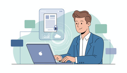Modern businessman working on a laptop, interacting with a secure digital invoice and online statements concept, featuring cloud integration and data analytics, symbolizing financial technology and
