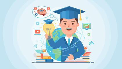 Vibrant illustration of a smiling graduate in a cap and gown holding a glowing lightbulb, symbolizing knowledge and innovation, with the Earth and educational icons like books, computers, and Wi-Fi