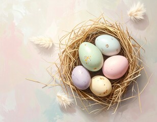 Fototapeta premium Pastel colored Easter eggs in a traditional straw nest