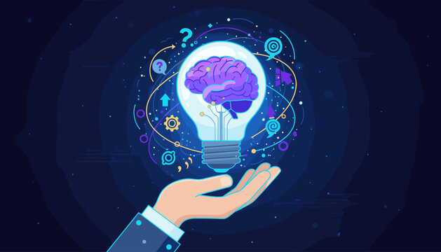 Vibrant conceptual illustration of a human hand gently cradling a glowing light bulb containing a detailed, purple brain, symbolizing new ideas, innovation, and inspiration against a dark, starry