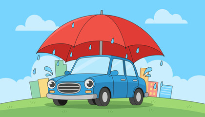Whimsical cartoon illustration of a bright blue car parked on a grassy hill under a large red umbrella, protecting it from falling raindrops, with stylized city buildings in the background under a