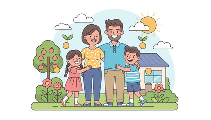 Vibrant vector illustration of a happy, smiling family of four, including mother, father, son, and daughter, standing together in front of their home with a garden, apple tree, and sunny sky