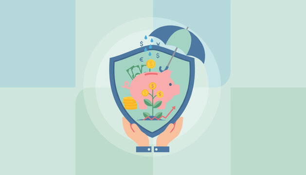Vivid flat illustration concept of money protection and financial security, featuring a piggy bank inside a shield, protected by an umbrella from falling currency symbols, with stacks of coins and