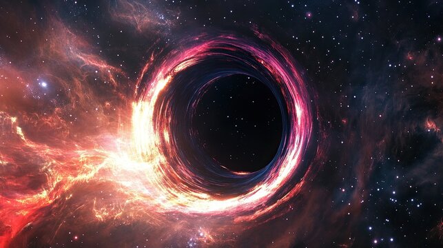 A magnificent black hole pulling streaks of bright crimson and sapphire light into its core