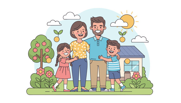 Vibrant vector illustration of a happy, smiling family of four, including mother, father, son, and daughter, standing together in front of their home with a garden, apple tree, and sunny sky