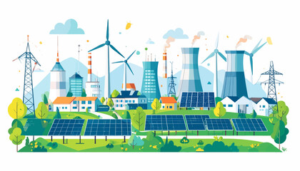 Naklejka premium Eco friendly power plant flat color vector illustration. Alternative energy factory 2D cartoon landscape with wind turbines and solar panels on background. Environmentally safe electricity source 