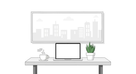 A minimalist home office setup with a laptop on a table, coffee cup, and potted plant, against a city view window background with a whiteboard displaying a cityscape.