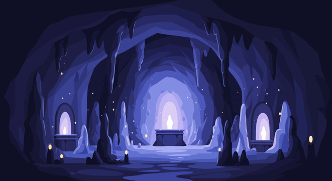 Enchanted Cavern Interior with Luminous Formations and Pedestal.