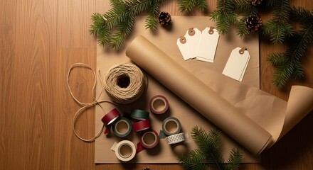 Craft supplies lay on brown paper with fir branches twine and tape on a wood surface