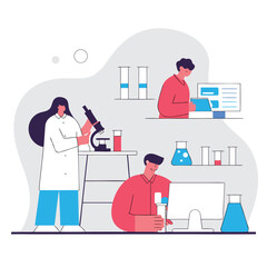 research team in lab coats working  vector illustr