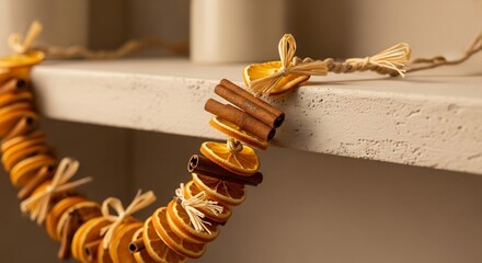 Dried orange and cinnamon garland drapes from a shelf