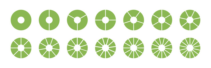 Wheel life template. Circle division from 1 to 14 equal parts. Lifestyle balance. Green round divided diagrams segments. Infographics pizza, pie charts set. Coaching blanks pattern.