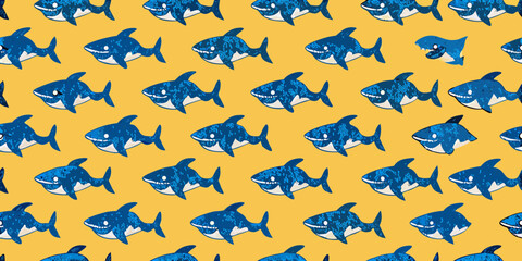Cute cartoon shark pattern with smiling faces on a yellow background