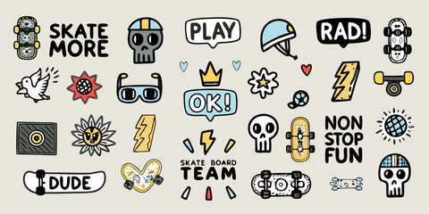 Collection of fun and quirky hand drawn doodle elements related to skateboarding and positive vibes