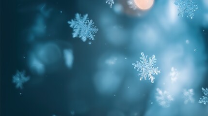 precipitation. Softly falling snowflakes in a winter scene with a cool blue atmospheric glow. travel magazines, destination branding, designed for outdoor magazines and nature guides.