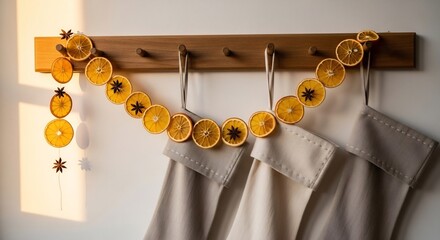 Festive wall display with dried orange garland star anise and three hanging Christmas stockings on a wooden rack